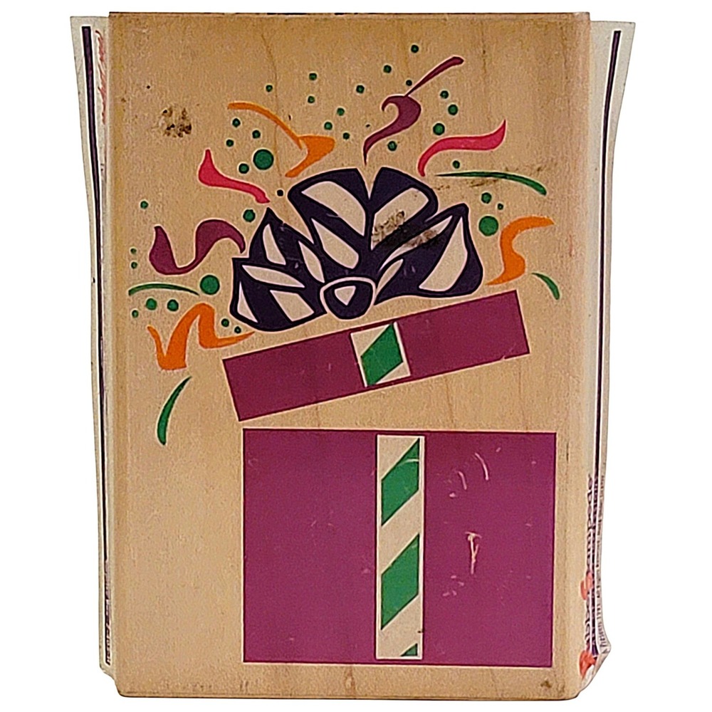 VTG 90s Rubber Stampede Posh Impressions Surprise‎ Box Stamp Z405H Wood 2.75"x4"